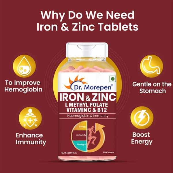 Dr. Morepen Iron & Zinc | L Methykl Folate Vitamin C & Zinc | Tablets | 60 No's | Pack Of 2