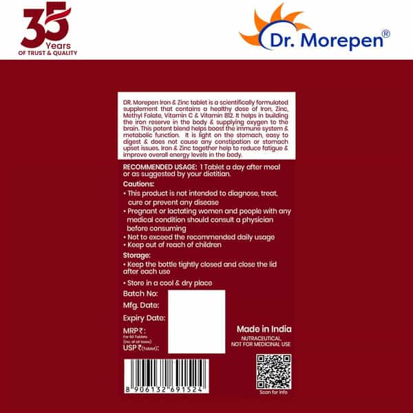 Dr. Morepen Iron & Zinc | L Methykl Folate Vitamin C & Zinc | Tablets | 60 No's | Pack Of 2