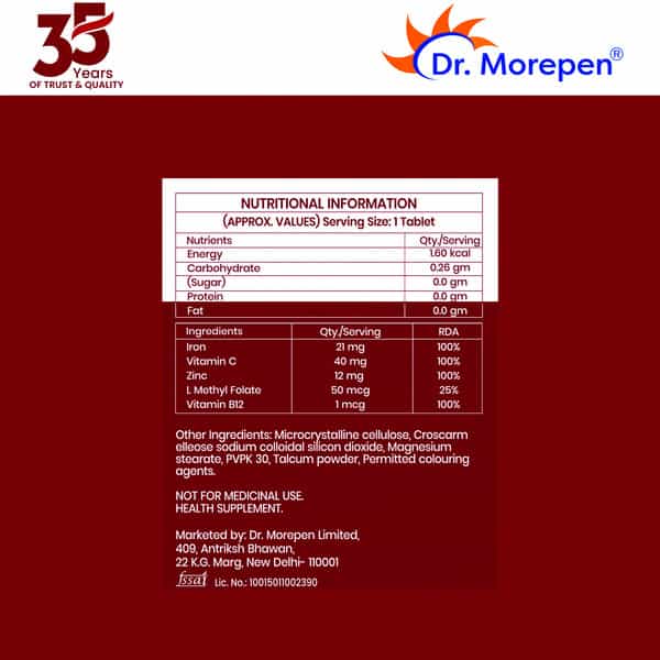 Dr. Morepen Iron & Zinc | L Methykl Folate Vitamin C & Zinc | Tablets | 60 No's | Pack Of 2