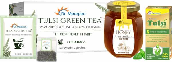 Dr. Morepen Natural & Pure Honey- 250G- Tulsi Drop For Immunity- 30Ml & Tulsi Green Tea - 25 Bags