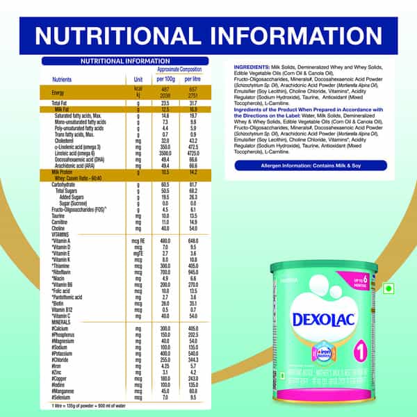 Dexolac 1 | Infant Formula | Upto 6 Months | Tin 400 Gm