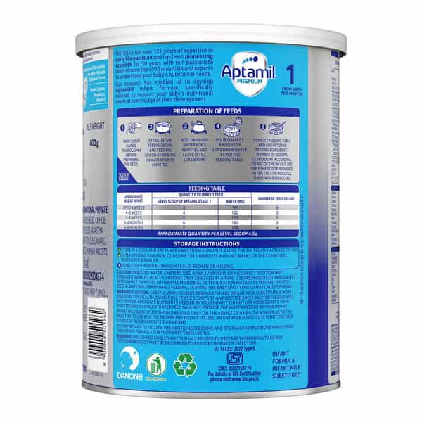 Aptamil Premium Infant Formula Stage 1 Birth To 6 Months Tin 400 Gm