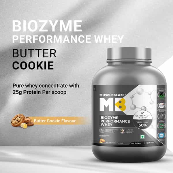 Muscleblaze Biozyme Performance Whey Protein Powder | 2Kg | Butter Cookie | 25G Protein Per Scoop