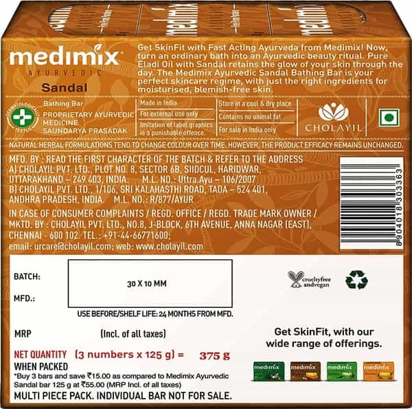 Medimix Ayurvedic Sandal And Eladi Oil Bathing Soap - 3X125g (Super Saver Pack)