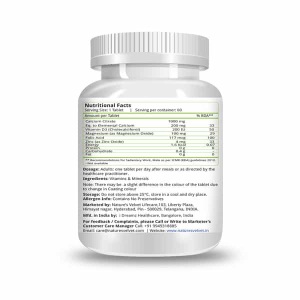 Natures Velvet Calcium Magnesium Zinc With Vitamin D3 | 60 Tablets
