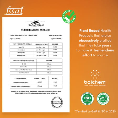 Rasayanam D3+K2 Mk-7 Vegan | Balchem K2 | Calcium | Bone & Heart Support | 120 Tablets (Pack Of 1)