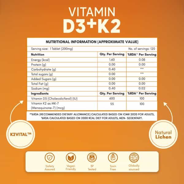Rasayanam D3+K2 Mk-7 Vegan | Balchem K2 | Calcium | Bone & Heart Support | 120 Tablets (Pack Of 1)