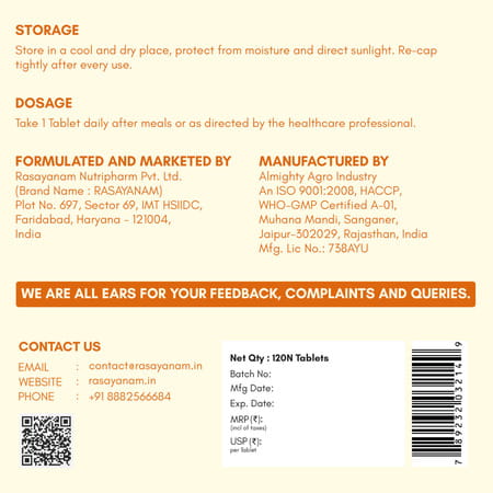 Rasayanam D3+K2 Mk-7 Vegan | Balchem K2 | Calcium | Bone & Heart Support | 120 Tablets (Pack Of 1)