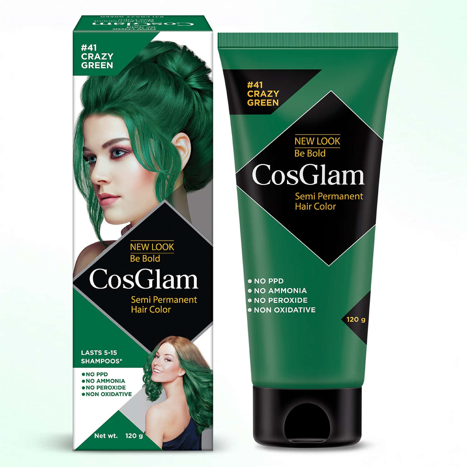 Cosglam Semi Permanent Hair Color | No Peroxide | Ammonia Free Hair Colour 41 Crazy Green - 120gm