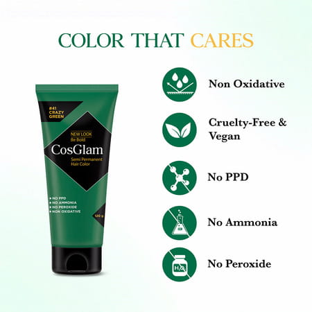 Cosglam Semi Permanent Hair Color | No Peroxide | Ammonia Free Hair Colour 41 Crazy Green - 120gm
