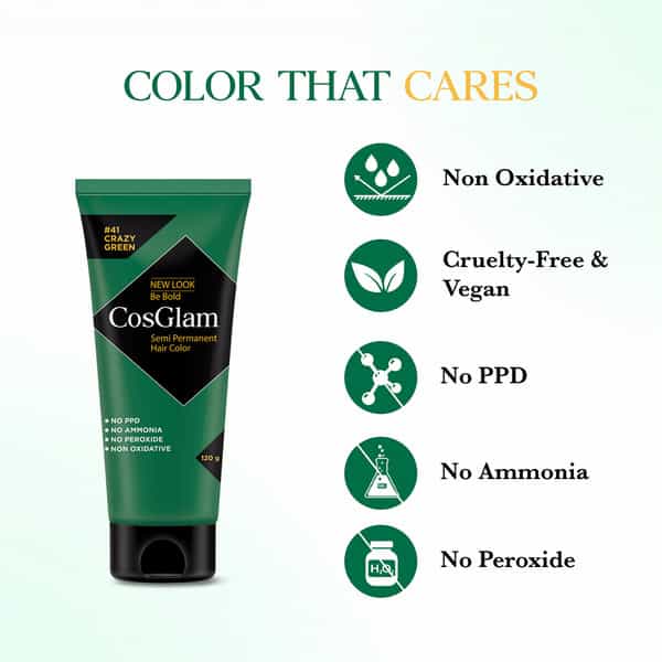 Cosglam Semi Permanent Hair Color | No Peroxide | Ammonia Free Hair Colour 41 Crazy Green - 120Gm