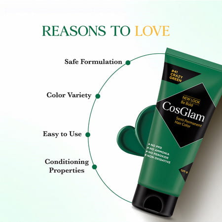 Cosglam Semi Permanent Hair Color | No Peroxide | Ammonia Free Hair Colour 41 Crazy Green - 120gm