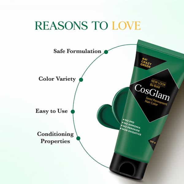 Cosglam Semi Permanent Hair Color | No Peroxide | Ammonia Free Hair Colour 41 Crazy Green - 120Gm