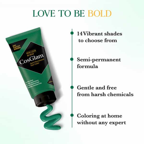 Cosglam Semi Permanent Hair Color | No Peroxide | Ammonia Free Hair Colour 41 Crazy Green - 120Gm