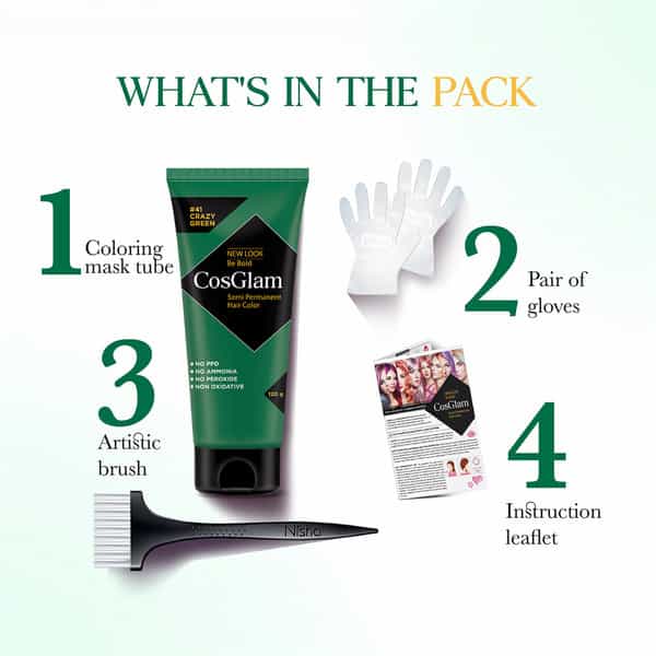 Cosglam Semi Permanent Hair Color | No Peroxide | Ammonia Free Hair Colour 41 Crazy Green - 120Gm