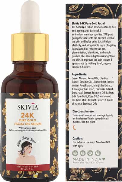 Skivia 24K Pure Gold Mini Facial Oil Serum With Sandalwood -Reduces Signs Of Ageing (30 Ml)