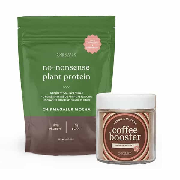 Cosmix Shroomcoffee Booster-Indonesian Cacao-60G And Plant Protein-Chikmagalur Mocha 500G(Pack Of 2)