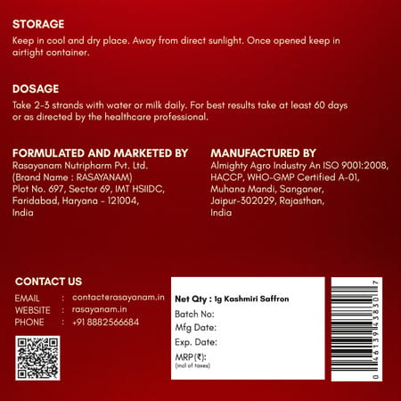 Rasayanam Kashmiri Kesar|Grade - A|Perfect For Pregnancy | Pooja & Cooking|1g | Pack Of 1