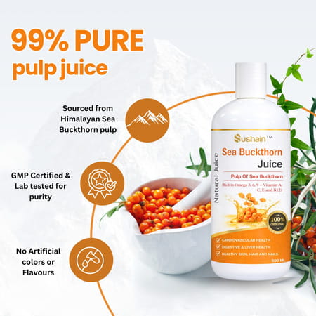 Sushain Sea Buckthorn Juice - Rich In Omega 3 | 6 | 9 & Vitamin C | E | B12- 500 Ml