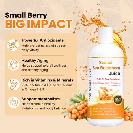Sushain Sea Buckthorn Juice - Rich In Omega 3 | 6 | 9 & Vitamin C | E | B12- 500 Ml
