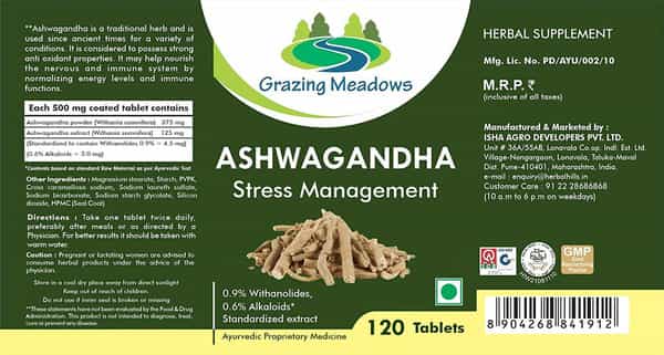 Grazing Meadows Ashwagandha Tablets Natural Ashwagandha 120 Tablets (Withania Somnifera) Pack Of 4)