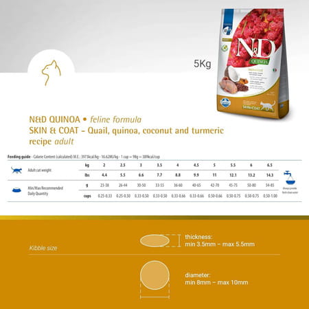 Farmina N&D Quinoa Skin & Coat Cat Food | Grain-Free | Quail | Quinoa | Coconut & Turmeric | 5Kg