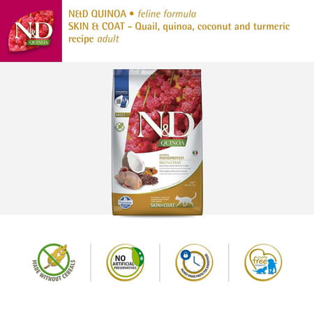 Farmina N&D Quinoa Skin & Coat Cat Food | Grain-Free | Quail | Quinoa | Coconut & Turmeric | 5Kg
