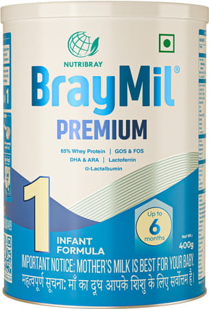 Braymil Premium 1 Infant Formula | Stage - 1 For 0 To 6 Months - 400 Gm | Tin