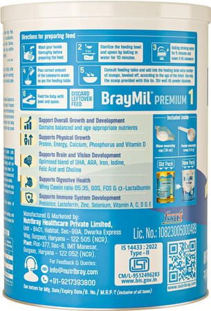 Braymil Premium 1 Infant Formula | Stage - 1 For 0 To 6 Months - 400 Gm | Tin