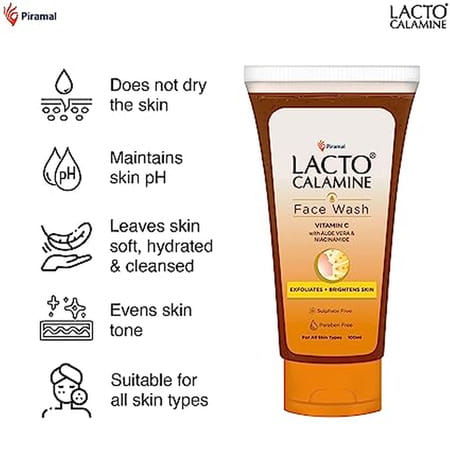 Lacto Calamine Vitamin C Face Wash | No Parabens | No Sulphates - (100 Ml X Pack Of 2) | Orange