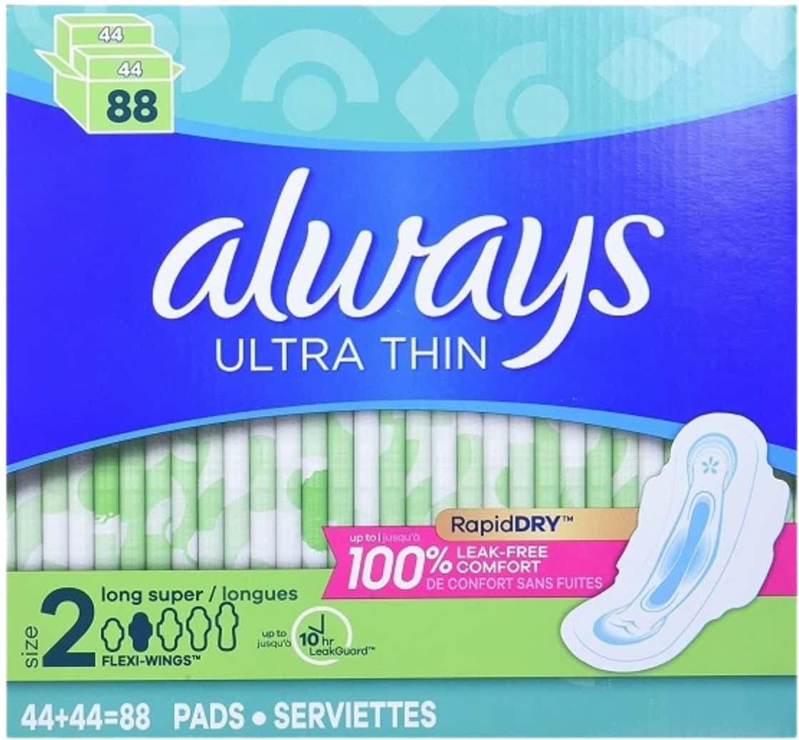 Always Ultra Thin Unscented Pads With Wings Long/Super 88 Count