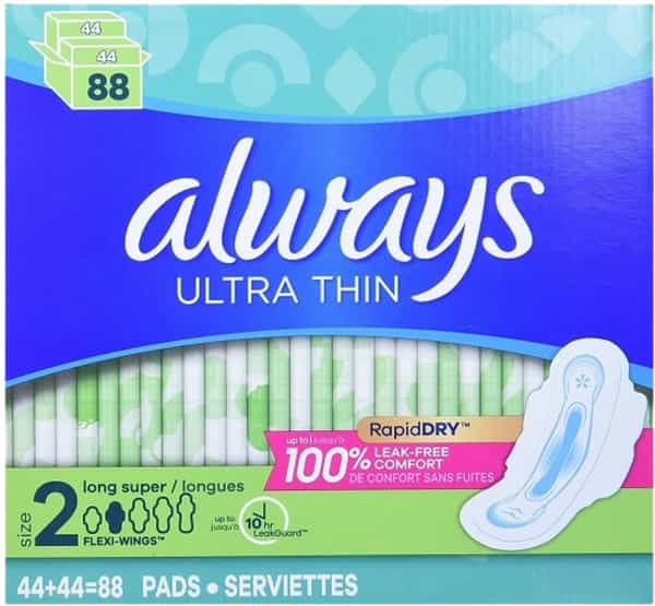 Always Ultra Thin Unscented Pads With Wings Long/Super 88 Count