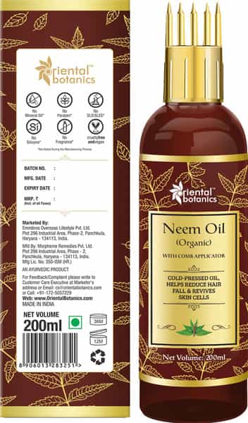 Oriental Botanics Organic Neem Oil For Hair And Skin Care - With Comb Applicator- 200 Ml