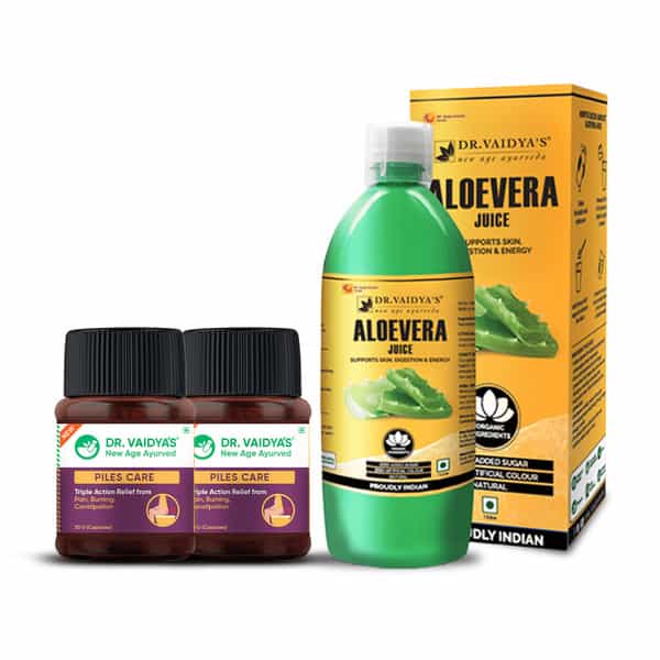 Dr. Vaidya's Ayurvedic Piles Combo - 30 Caps - Piles Care Capsules X 2 & 1 Litre Of Aloevera Juice
