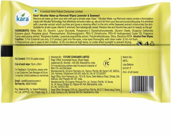 Kara Micellar Water Makeup Removal Wipes With Seaweed And Lavender - (10 Wipes)