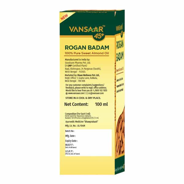 Vansaar Rogan Badam Oil|100% Pure Sweet Almond Oil Rich In Vit E| For Healthy Skin & Hair- 100Ml