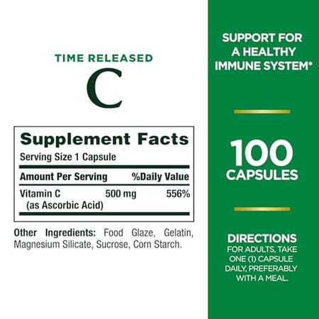 Nature's Bounty Time Released Vitamin C | Immune Support | Vitamin Supplement | 500Mg | 100 Capsules