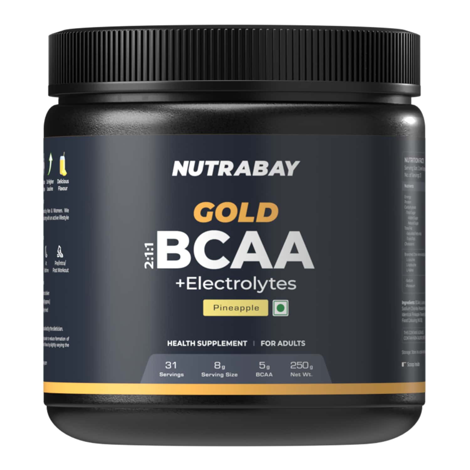 Nutrabay Gold Bcaa 2:1:1 With Electrolytes|5g Bcaa | Pre/post Workout Energy Drink|250g | Pineapple