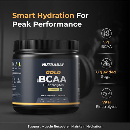 Nutrabay Gold Bcaa 2:1:1 With Electrolytes|5G Bcaa | Pre/Post Workout Energy Drink|250G | Pineapple