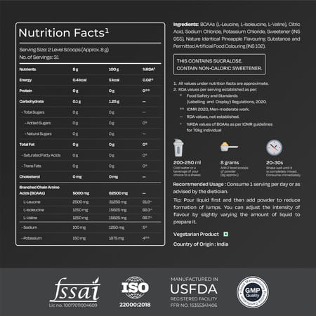 Nutrabay Gold Bcaa 2:1:1 With Electrolytes|5G Bcaa | Pre/Post Workout Energy Drink|250G | Pineapple