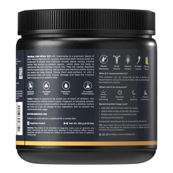 Nutrabay Gold Bcaa 2:1:1 With Electrolytes|5G Bcaa | Pre/Post Workout Energy Drink|250G | Pineapple