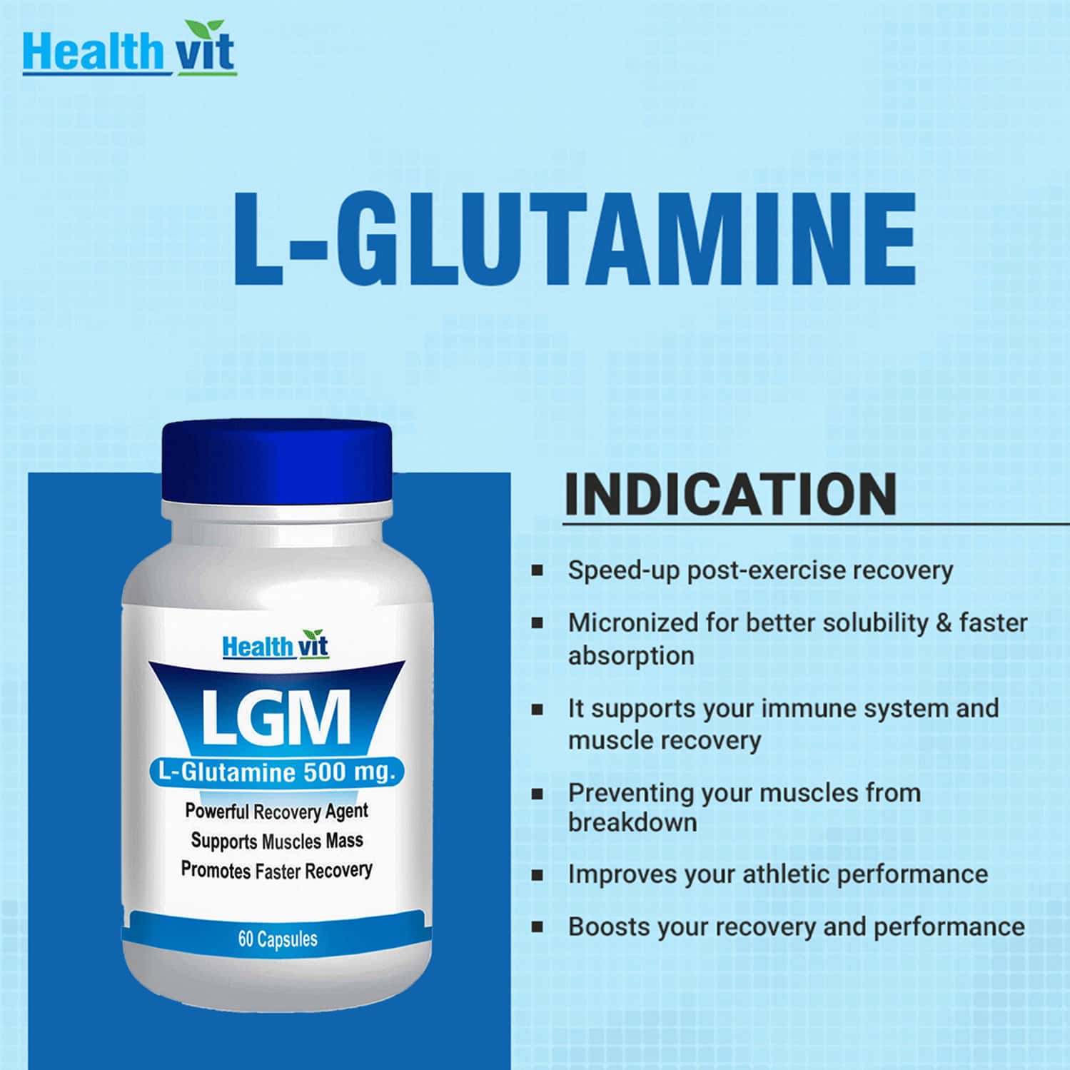 Buy HEALTHVIT LGM LGLUTAMINE POWDER 500 MG 60 CAPSULES Online & Get