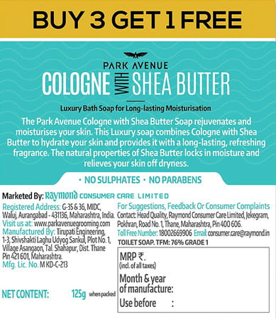 Park Avenue Cologne With Shea Butter Luxury Soap - No Sulphates & Parabens 125Gm B3g1