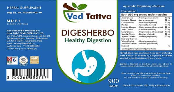 Ved Tattva Digesherbo 900 Tablets | Natural Supplement For Healthy Digestion Tablets (Pack Of 5)