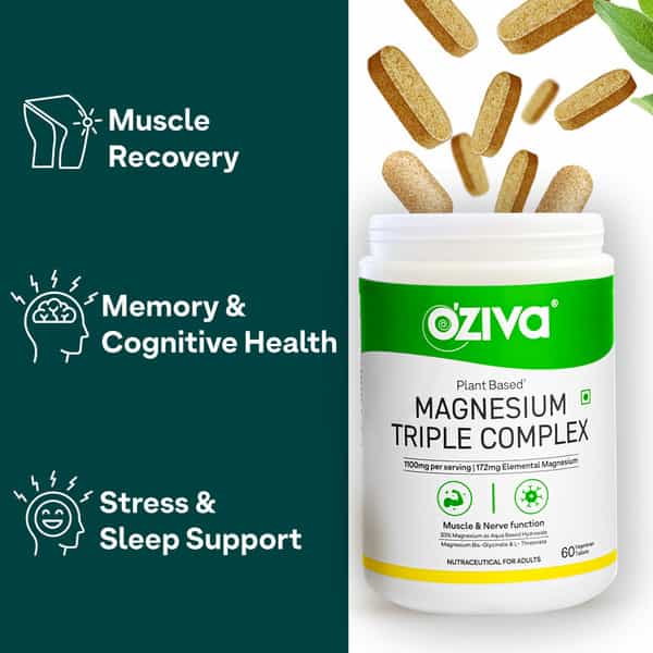Oziva Magnesium Glycinate Triple Complex 1100Mg For Muscle| Sleep And Nerve Function | 60 Tabs
