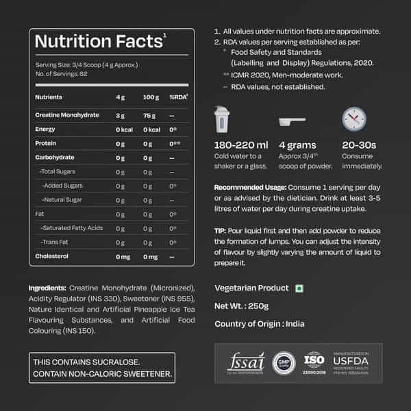 Nutrabay Gold Micronised Creatine Monohydrate - 250G | Pineapple Ice Tea|Pre/Post Workout Supplement