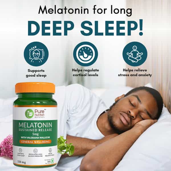 Pure Nutrition Melatonin 5Mg L Melatonin Supplement For Men & Women Supports Good Sleep - 60 Nos