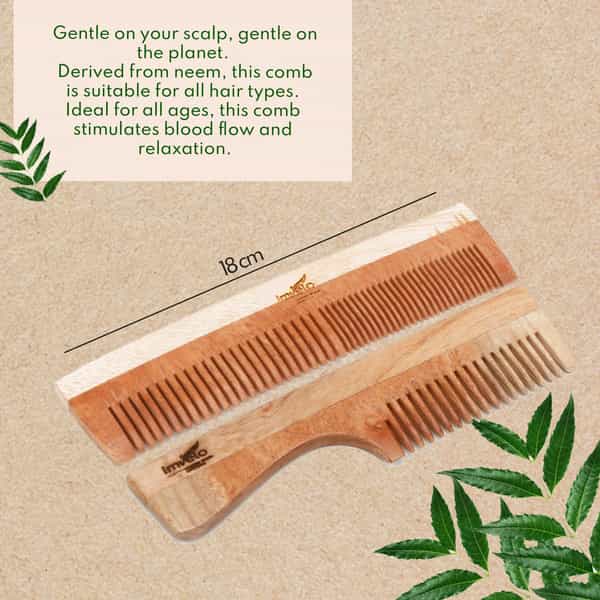 Imvelo Neem Wooden Combs For Hair Growth Protect From Hairfall & Dandruff Fine + Dual Tooth Combo