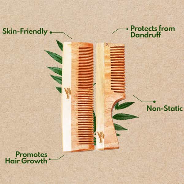 Imvelo Neem Wooden Combs For Hair Growth Protect From Hairfall & Dandruff Fine + Dual Tooth Combo