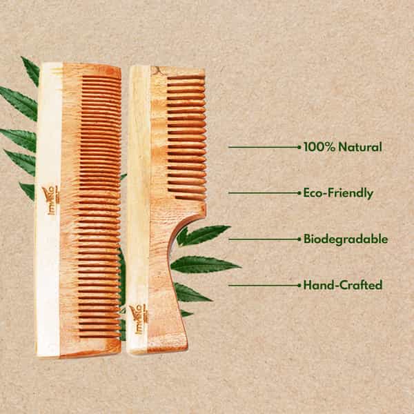 Imvelo Neem Wooden Combs For Hair Growth Protect From Hairfall & Dandruff Fine + Dual Tooth Combo